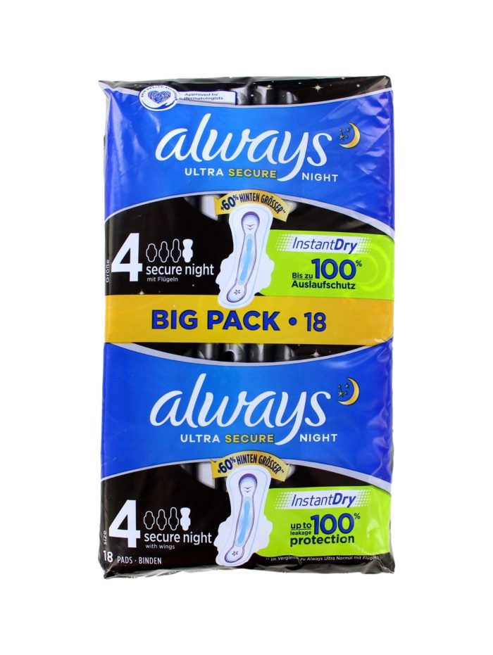 Always Maandverband Met Vleugels Ultra Secure Night, 18 Stuks