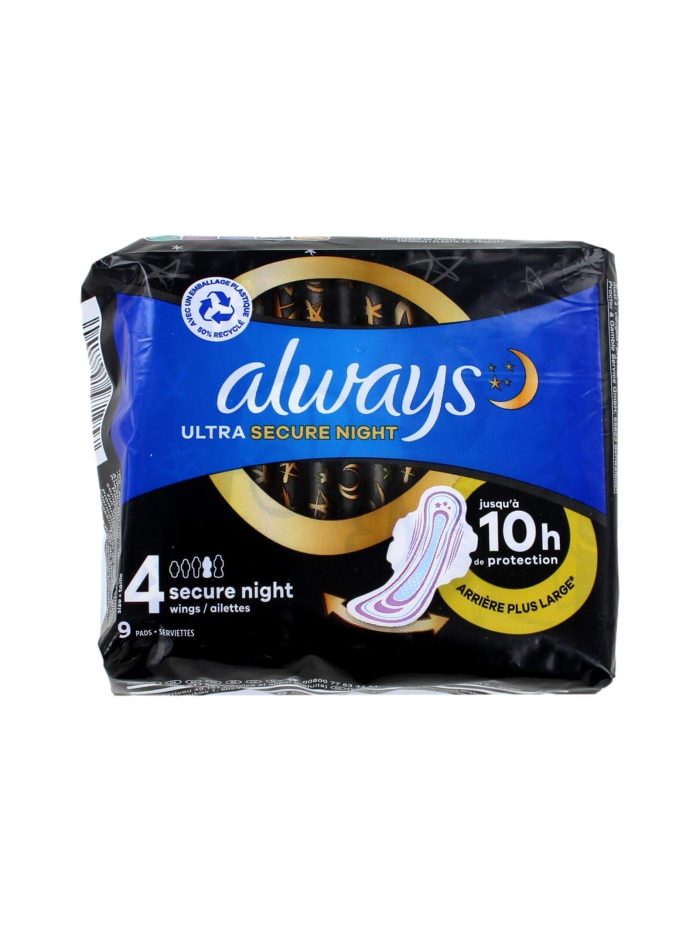 Always Maandverband Met Vleugels Ultra Secure Night, 9 Stuks